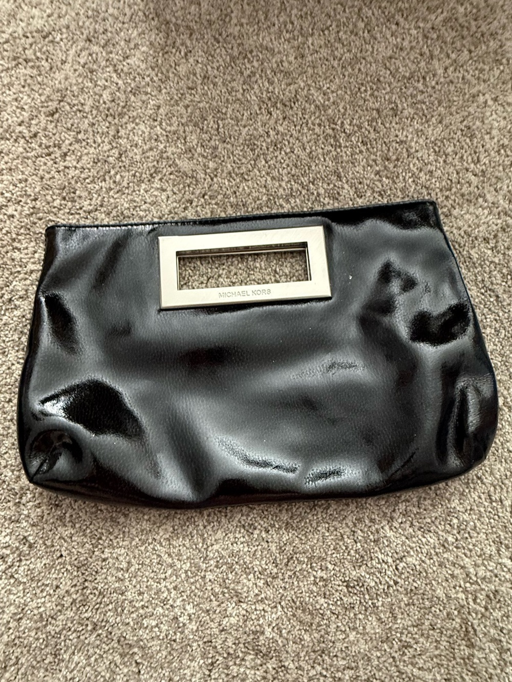 Michael Kors Black Patent Leather Clutch with Rectangular Metal Cutout Handle